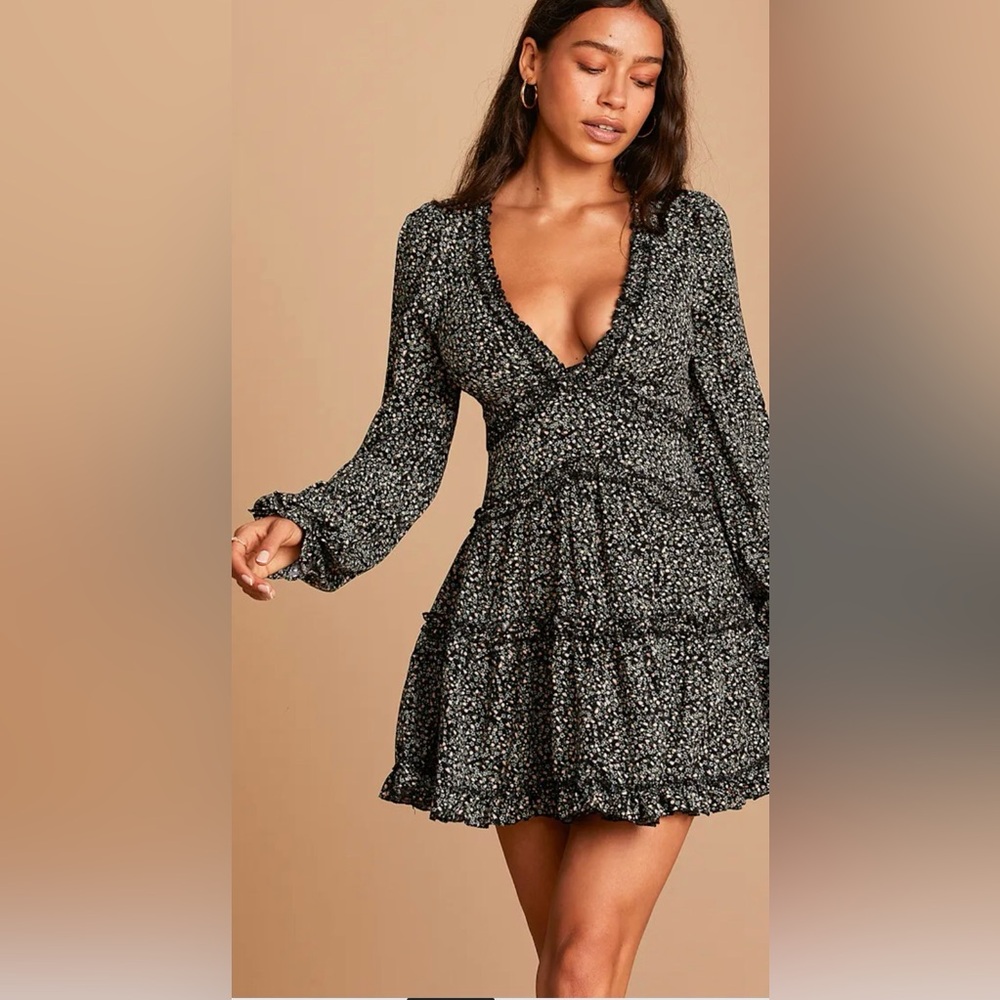 Lulus Admire You Black Floral Print Ruffled Long Sleeve Mini Dress - Size S